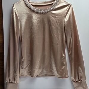 SHEIN Pearl-Trim Long Sleeve Top - Nude Blush